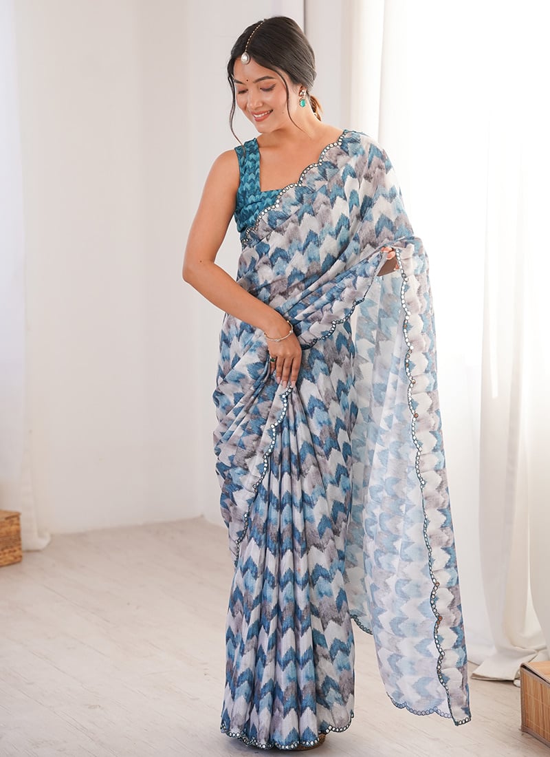 Multicolored Chinon Digital Print Foil Mirror Cut Work Saree After Six Wear