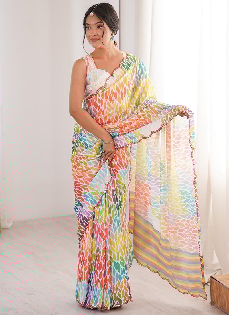 Multicolored Chinon Digital Print Foil Mirror Cut Work Saree After Six Wear