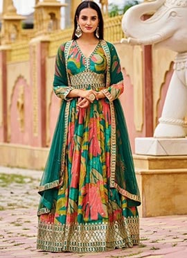 Multicolored Chinon Sequins Digital Print Anarkali Suit For Traditional