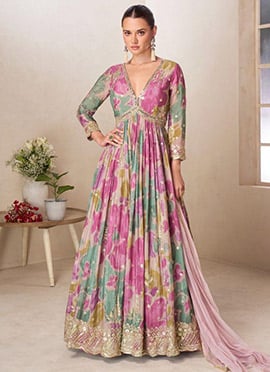 Multicolored Chinon Embroidered Sequins Digital Print Anarkali Suit
