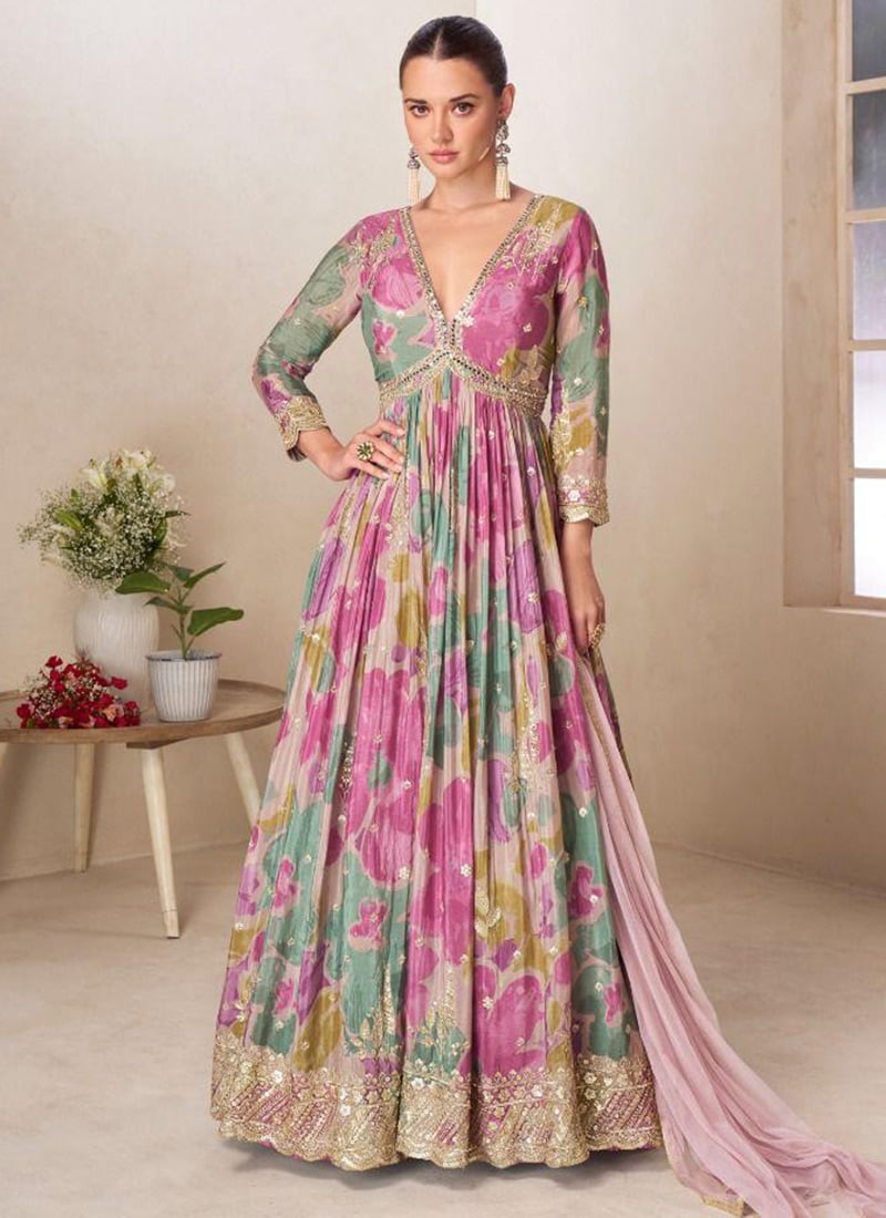 Multicolored Chinon Embroidered Sequins Digital Print Anarkali Suit Festive Wear