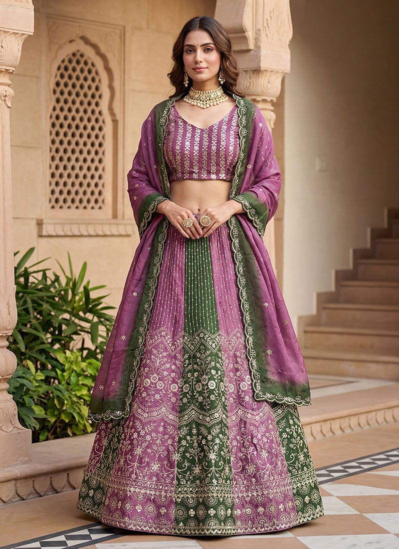 Multicolored Chinon Embroidered Sequins Umbrella Lehenga