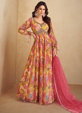 Multicolored Chinon Hand Embroidered Digital Print Anarkali Suit