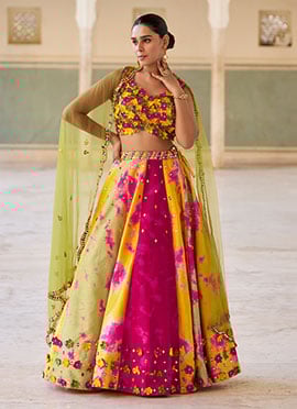 Multicolored Chinon Hand Embroidered With Beads Work Lehenga