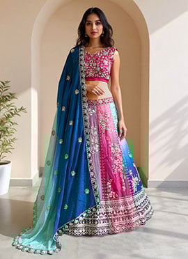Multicolored Chinon Lehenga With Embroidery And Sequins Work