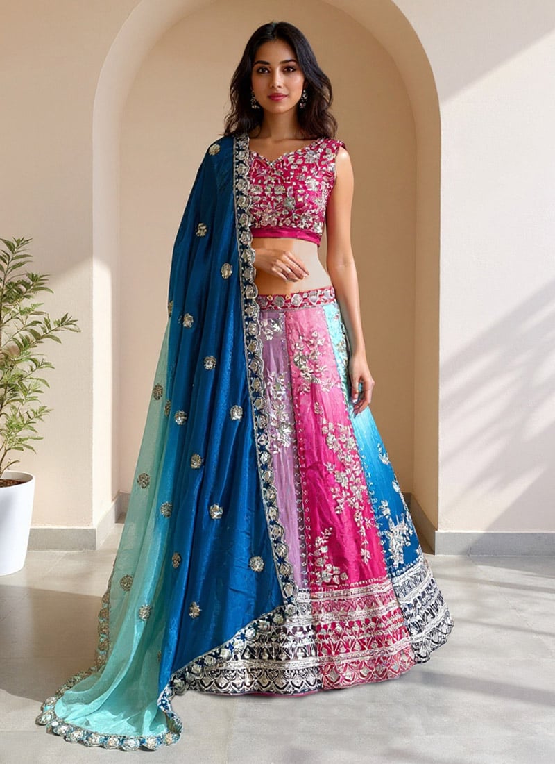 Multicolored Chinon Lehenga With Embroidery And Sequins Work Wedding Wear