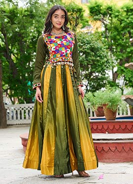 Multicolored Chinon Mirror And Kutch Work Indowestern Skirt Set