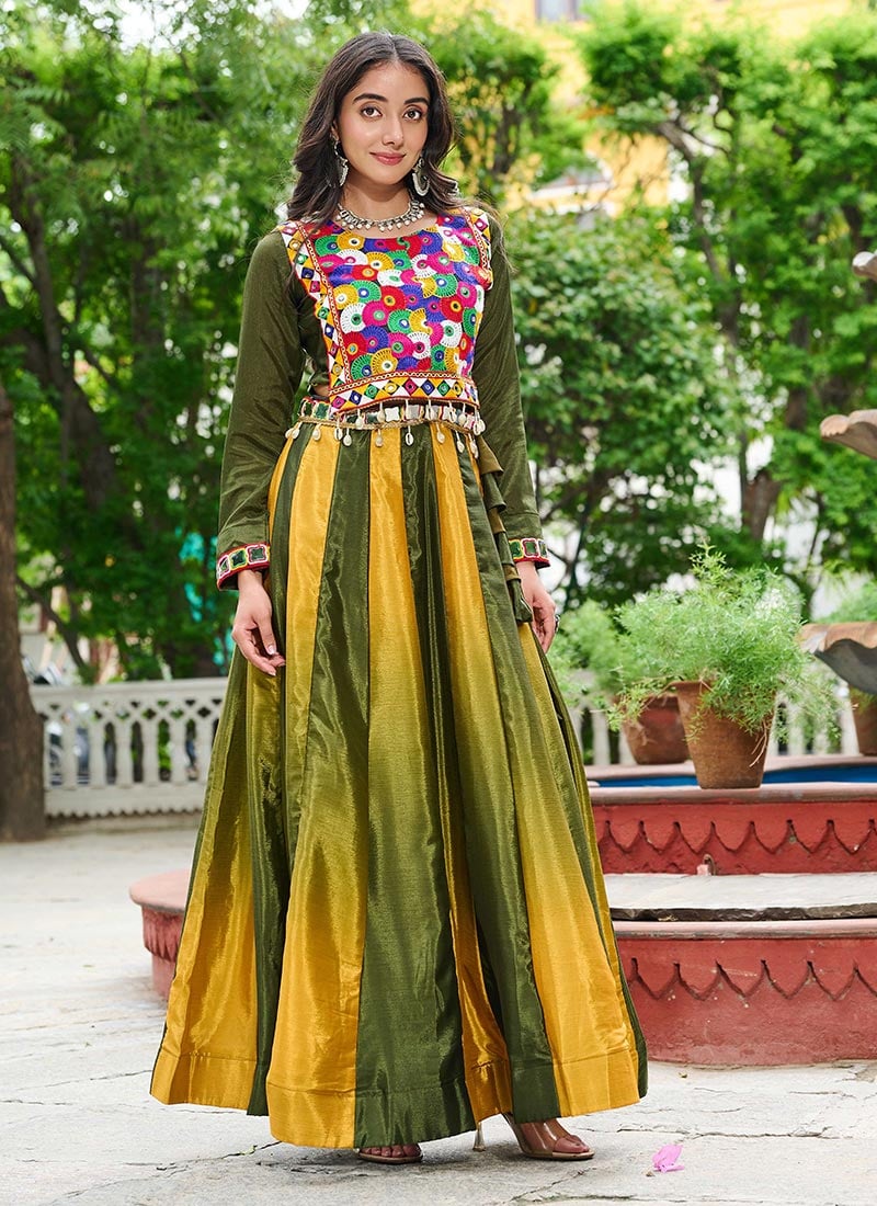 Multicolored Chinon Mirror And Kutch Work Indowestern Skirt Set  Festive Wear