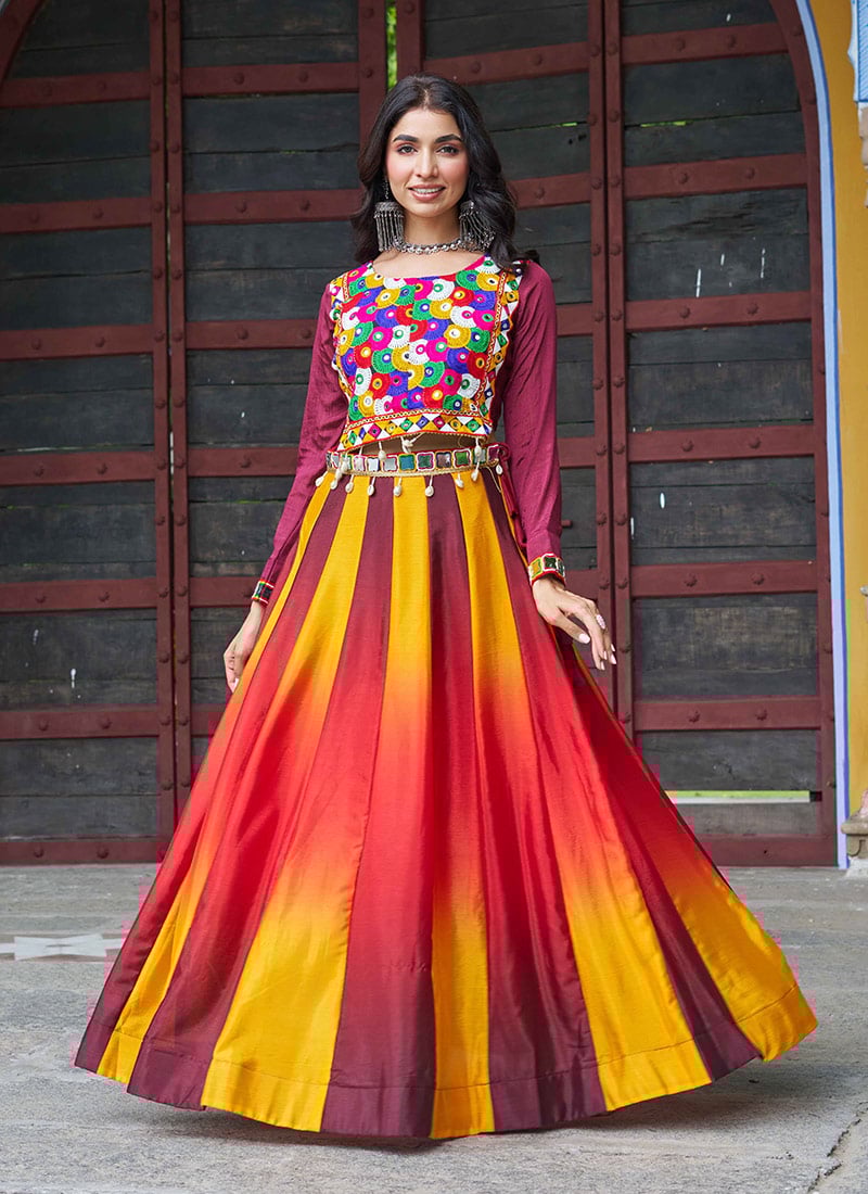 Multicolored Chinon Mirror And Kutch Work Indowestern Skirt Set  Festive Wear