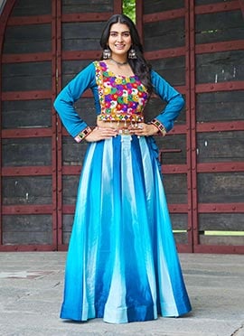 Multicolored Chinon Mirror And Kutch Work Indowestern Skirt Set