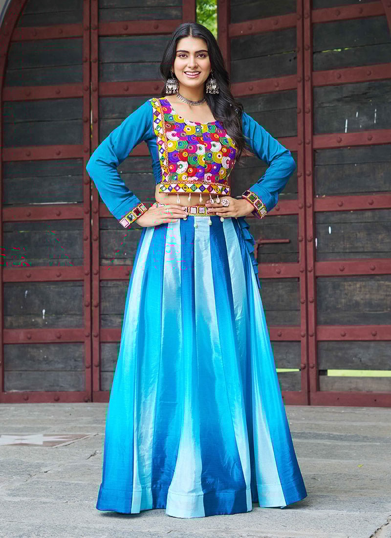 Multicolored Chinon Mirror And Kutch Work Indowestern Skirt Set  Festive Wear