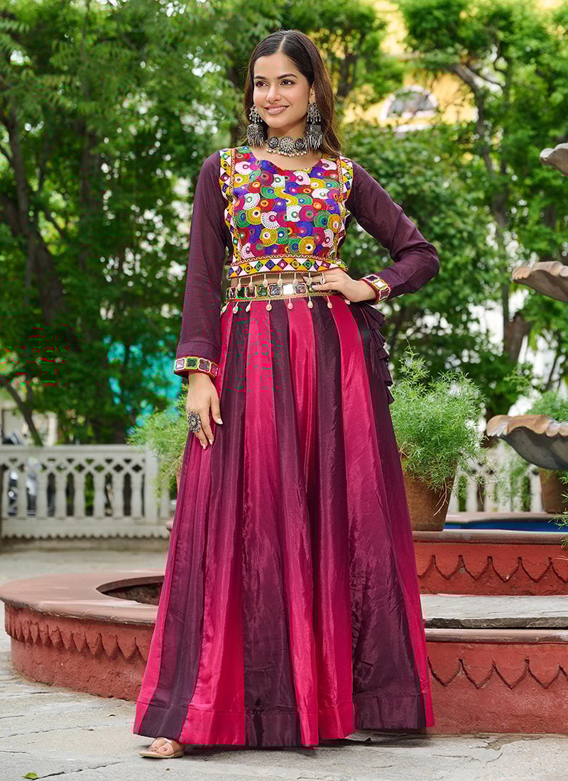 Multicolored Chinon Mirror And Kutch Work Indowestern Skirt Set  Festive Wear