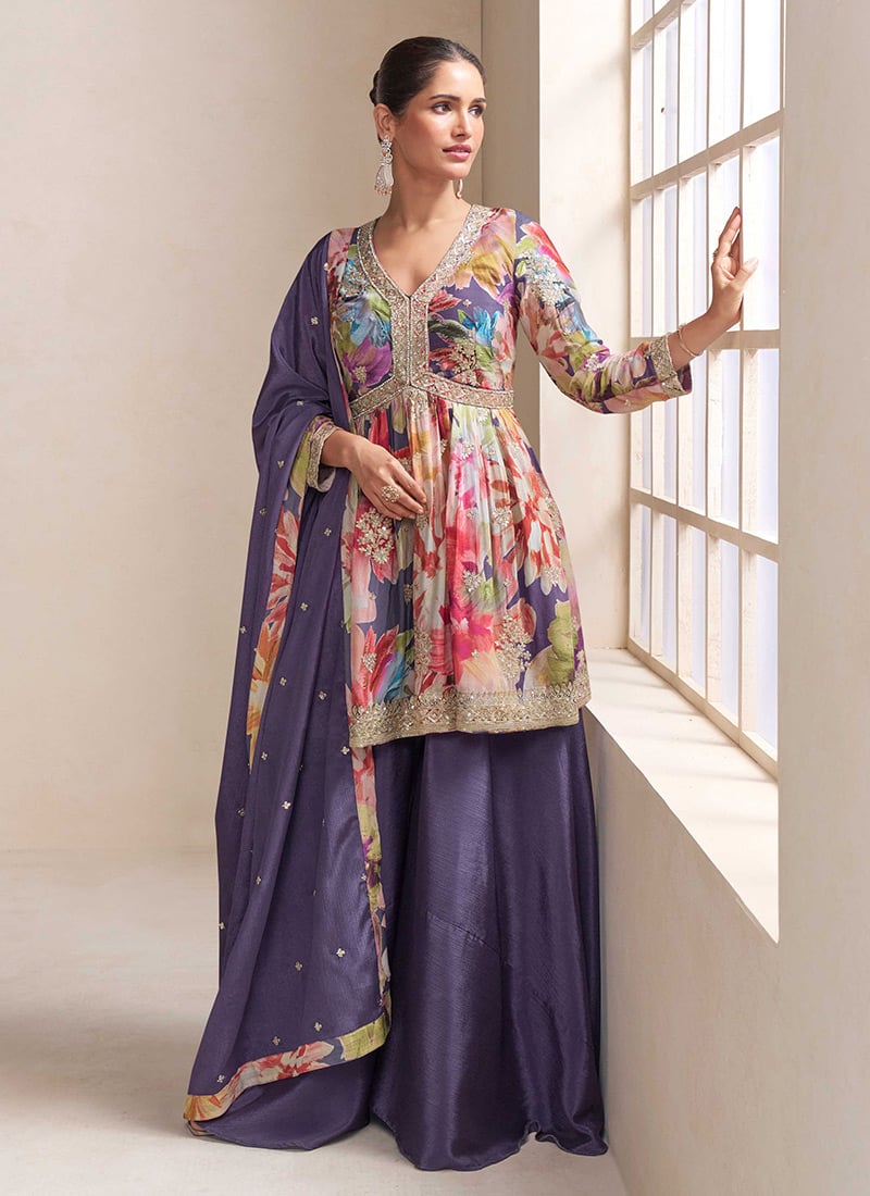 Multicolored Chinon Sequins Embroidered Stones Digital Print Palazzo Suit Festive Wear