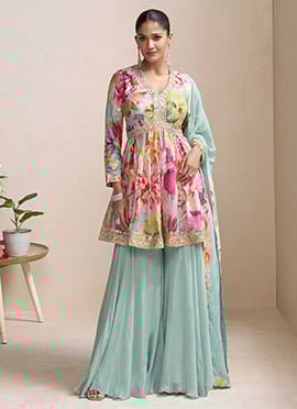 Multicolored Chinon Sequins Embroidered Stones Digital Print Palazzo Suit
