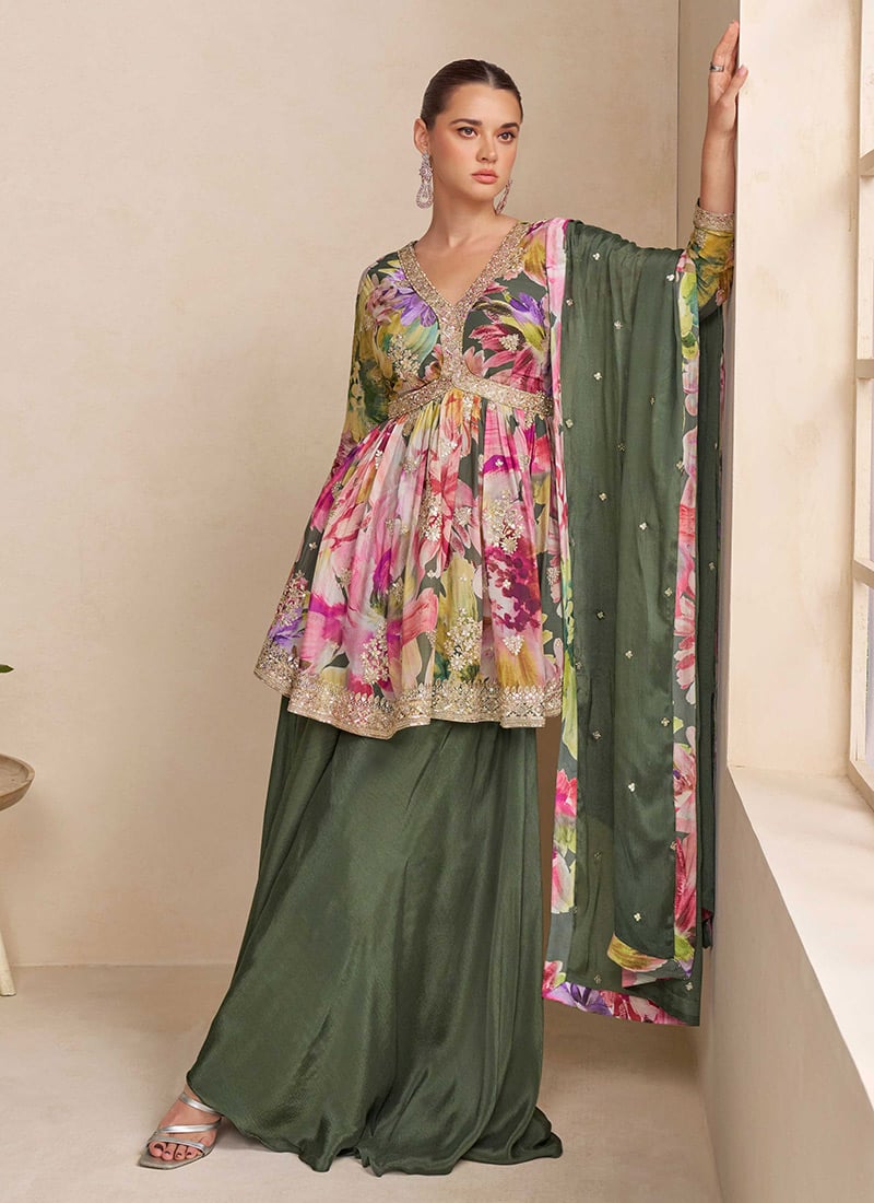 Multicolored Chinon Sequins Embroidered Stones Digital Print Palazzo Suit Festive Wear