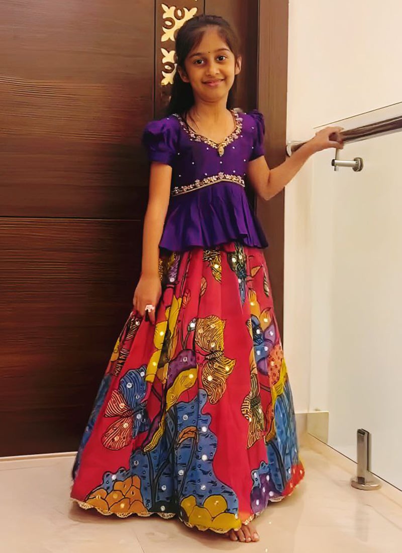Multicolored Chinon Silk Embroidery Work Lehenga For Kids Girls  Festive Wear
