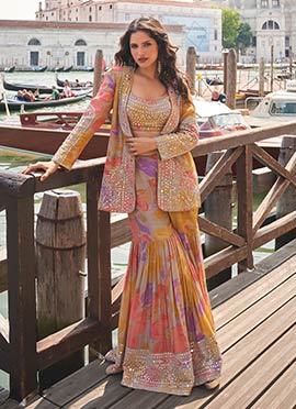 Multicolored Chinon Silk Zari Mirror Work Digital Print Indowestern Palazzo Suit