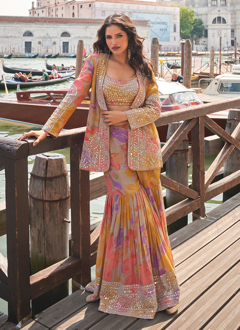 Multicolored Chinon Silk Zari Mirror Work Digital Print Indowestern Palazzo Suit Wedding Wear