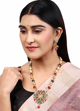 Multicolored Circular Floral Meenakari Jhumka Gold Plated Pendant Set
