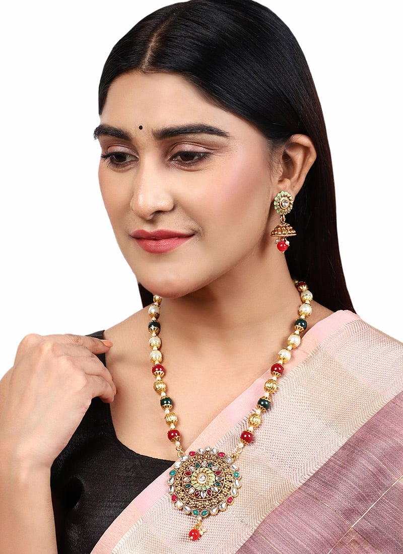 Multicolored Circular Floral Meenakari Jhumka Gold Plated Pendant Set