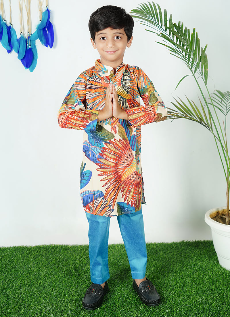 Multicolored Cotton Digital Print Kids Boys Kurta Pyjama Festive Wear