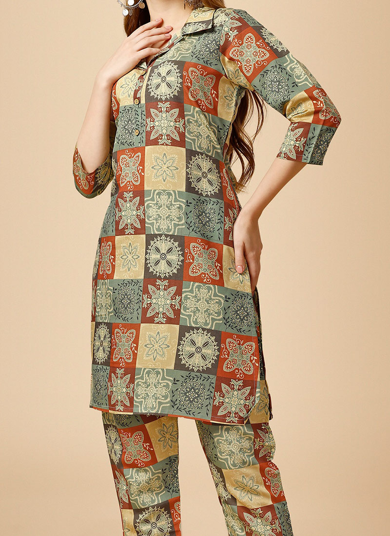 Ecru Printed Kurta & Straight Pants Set main image 0