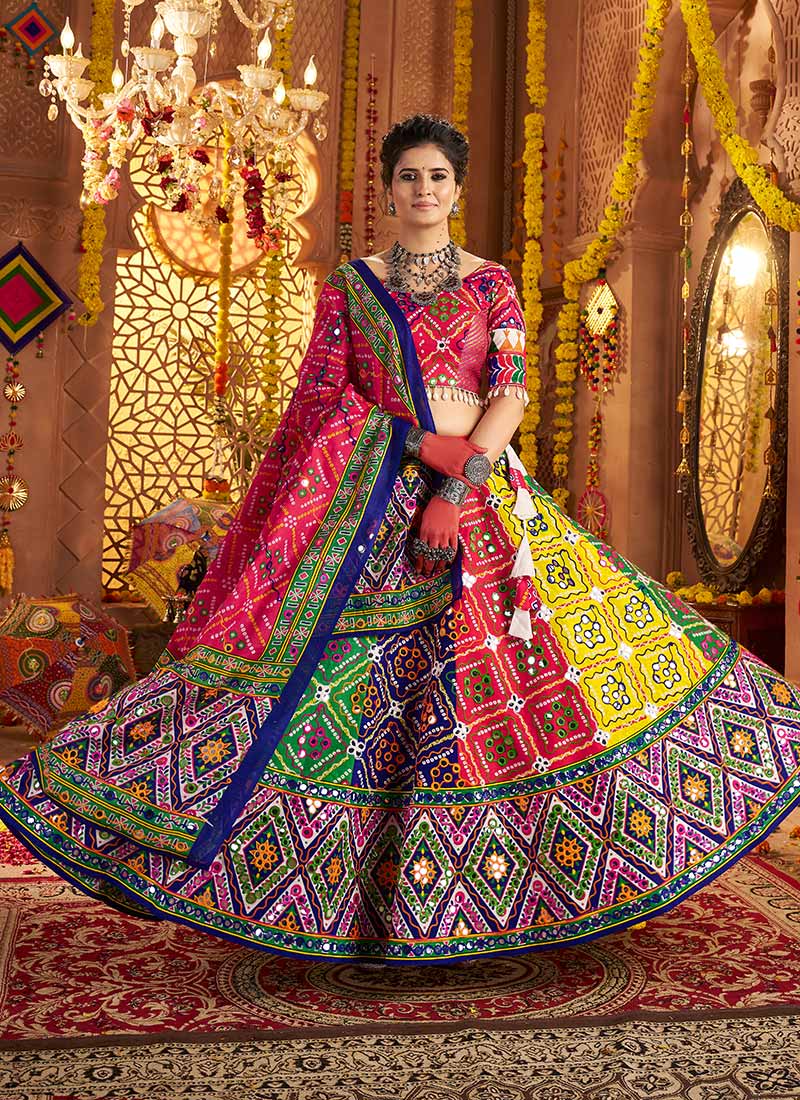 Multicolored Cotton Kutch Work And Foil Mirror Chaniya Choli