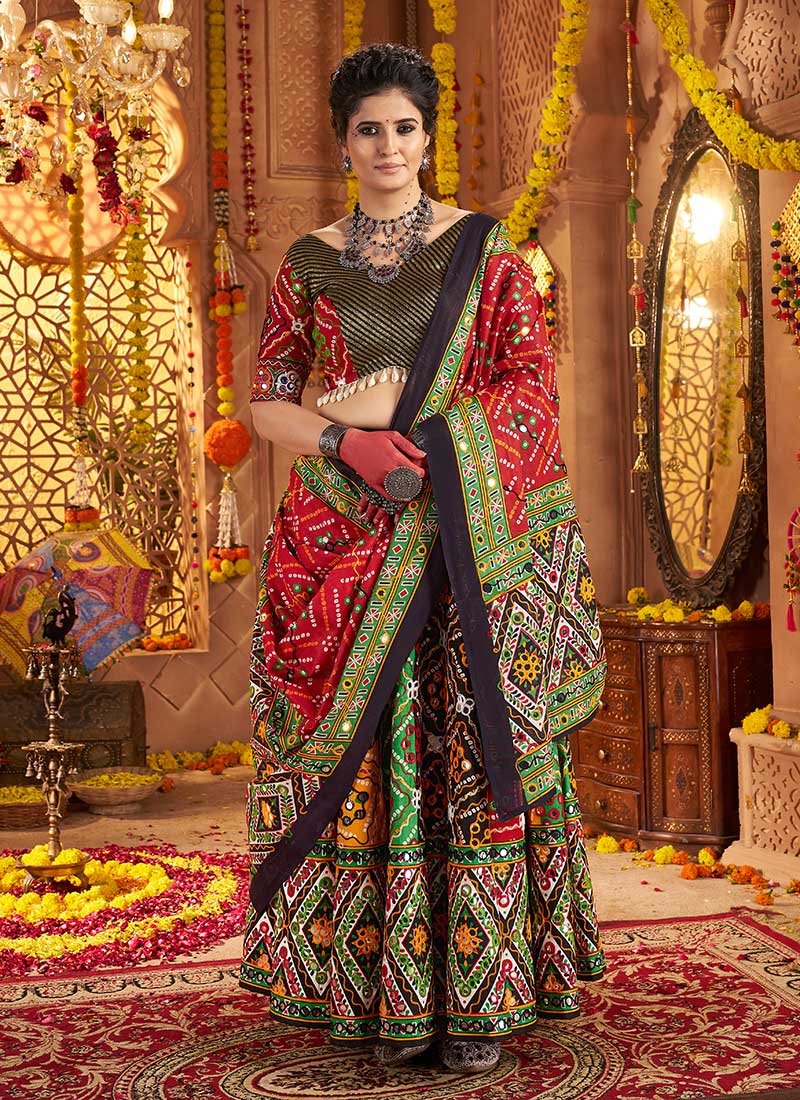 Multicolored Cotton Kutch Work And Foil Mirror Chaniya Choli Festive Wear