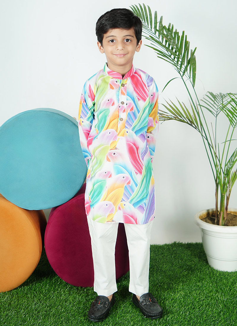 Multicolored Cotton Printed Kids Boys Kurta Pyjama Festive Wear