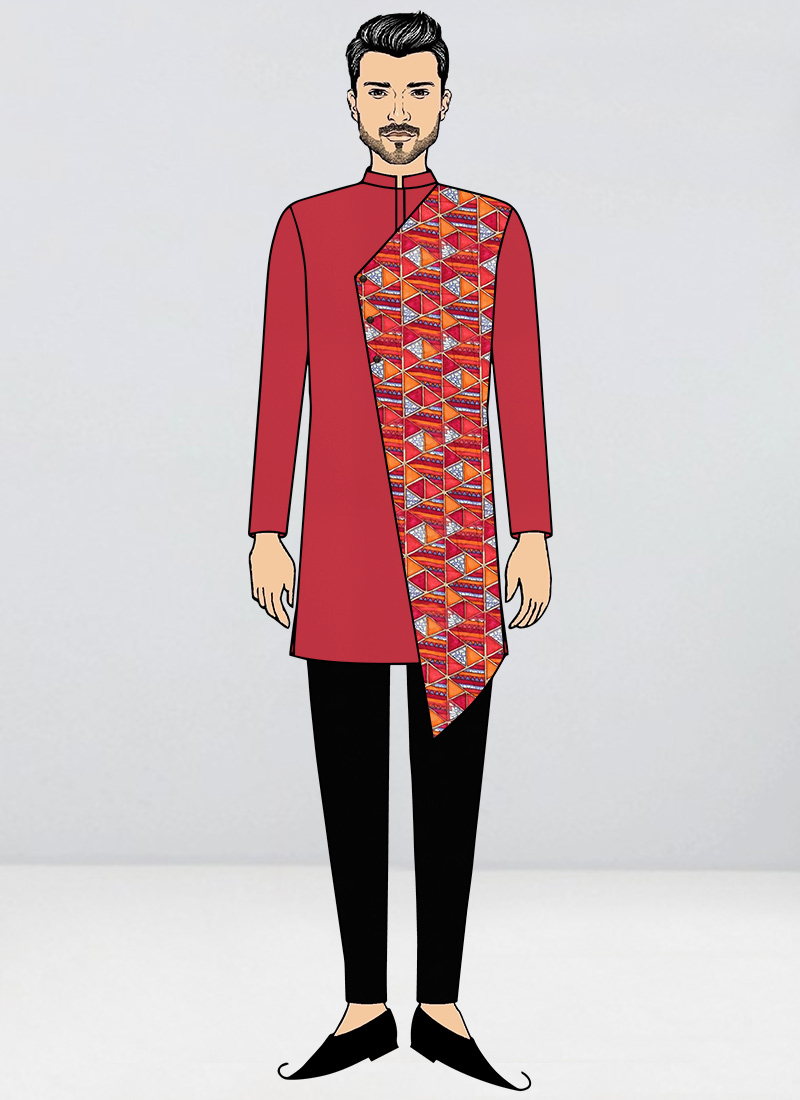 Multicolored N Cherry Red Printed Kurta Set Party Wear