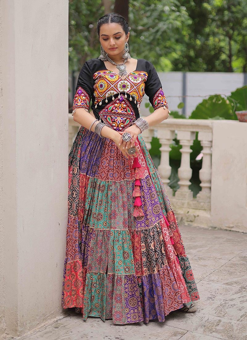 Multicolored Cotton Printed Kutch Work Indowestern Skirt Set  Festive Wear