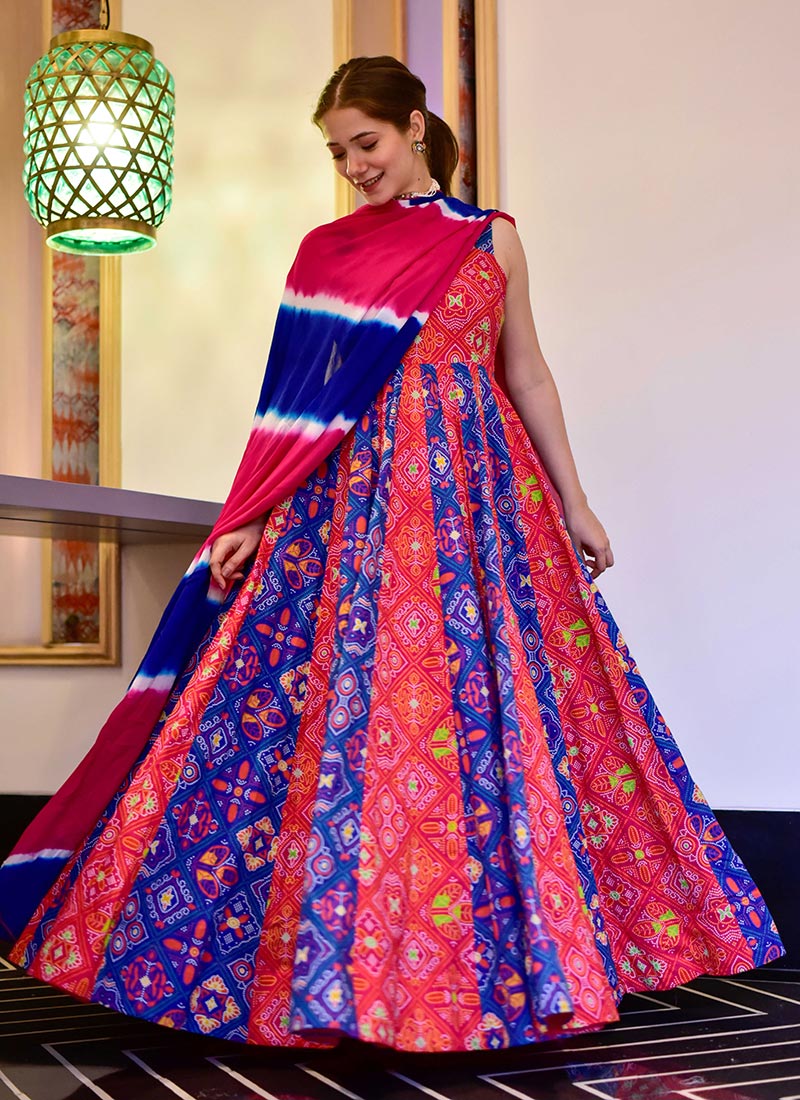 Buy Multicolored Cotton Silk Printed Anarkali Gown Party Wear, Printed