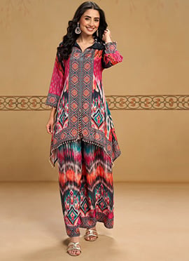 Multicolored Crepe Ikat Printed Sequins Embroidered Kurta Palazzo Set