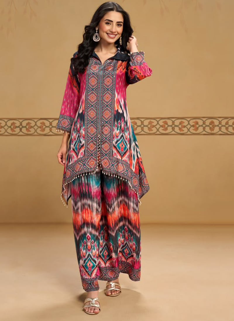 Multicolored Crepe Ikat Printed Sequins Embroidered Kurta Palazzo Set Work Wear