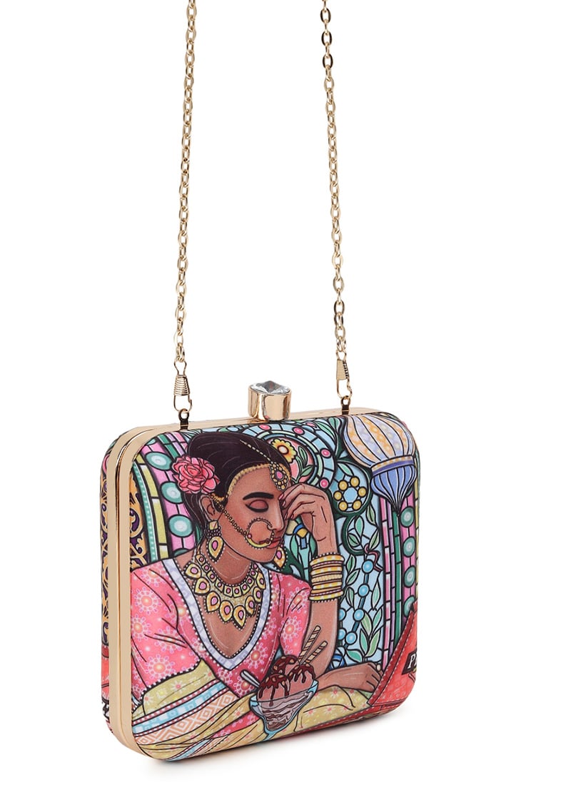 Multicolored Crepe Silk Digital Print Clutch