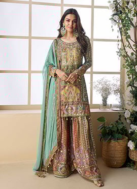 Multicolored Crepe Silk Printed Sharara Suit