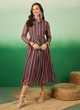 Multicolored Faux Chiffon Stripe Print A line Dress