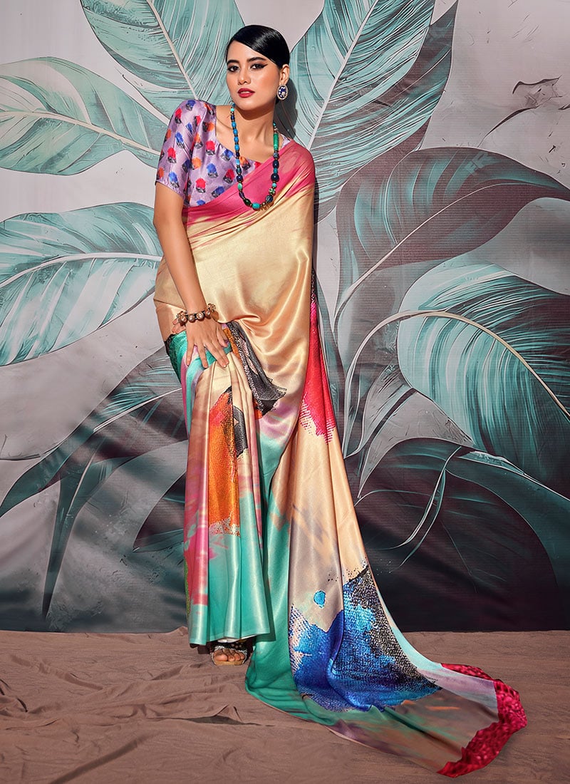 Multicolored Faux Crepe Digital Print Saree