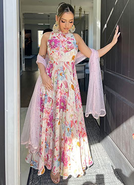 Multicolored Faux Georgette Digital Print Anarkali Suit