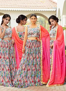 Multicolored Faux Georgette Digital Print Embroidered Sequins Lehenga