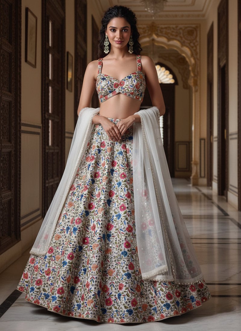 Multicolored Faux Georgette Embroidered Lehenga Festive Wear