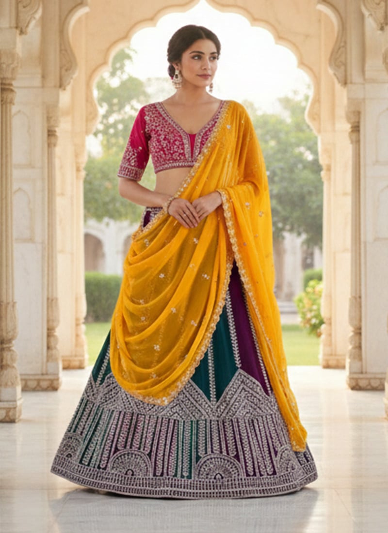 Multicolored Faux Georgette Embroidered Lehenga Wedding Wear