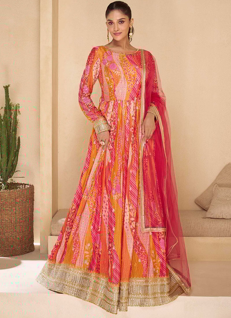 Multicolored Faux Georgette Embroidered Sequins Anarkali Gown Festive Wear