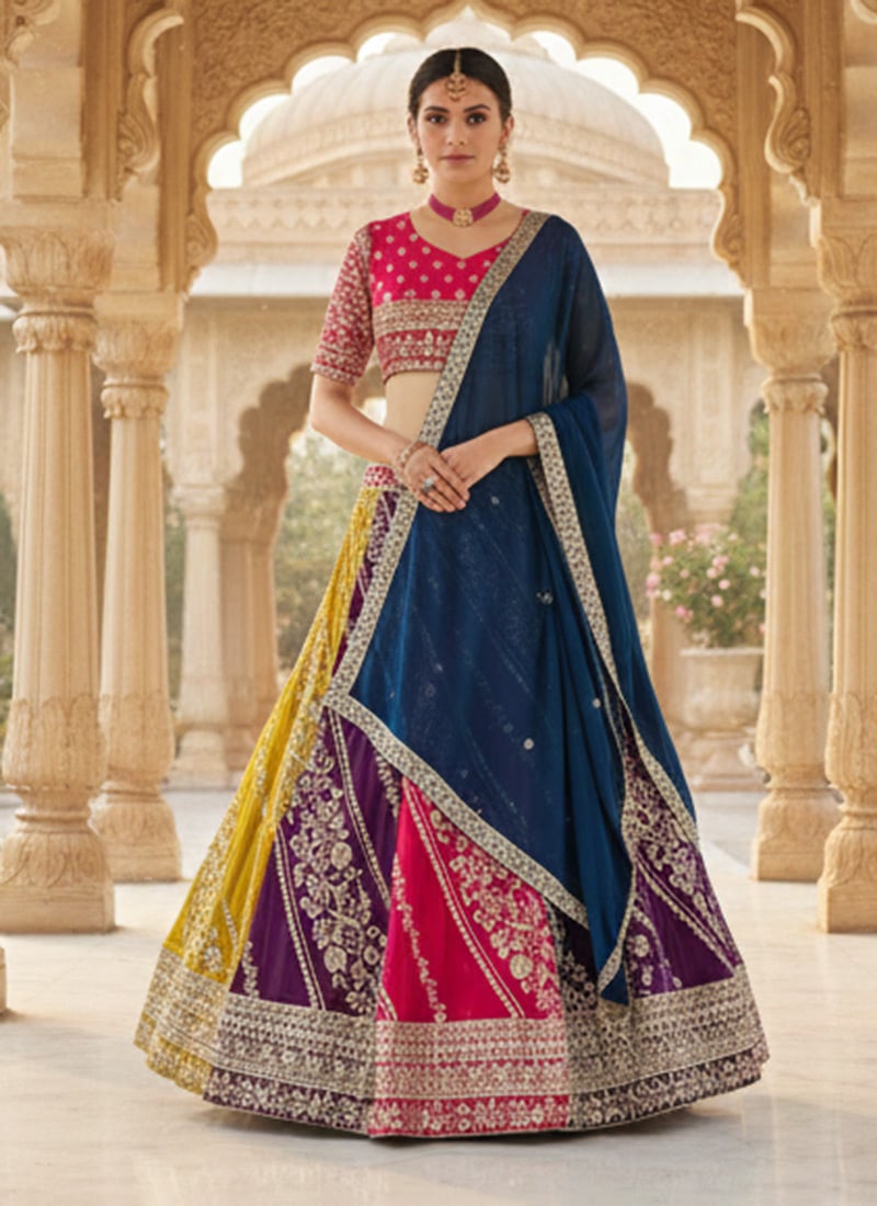 Multicolored Faux Georgette Embroidered Sequins Lehenga Wedding Wear
