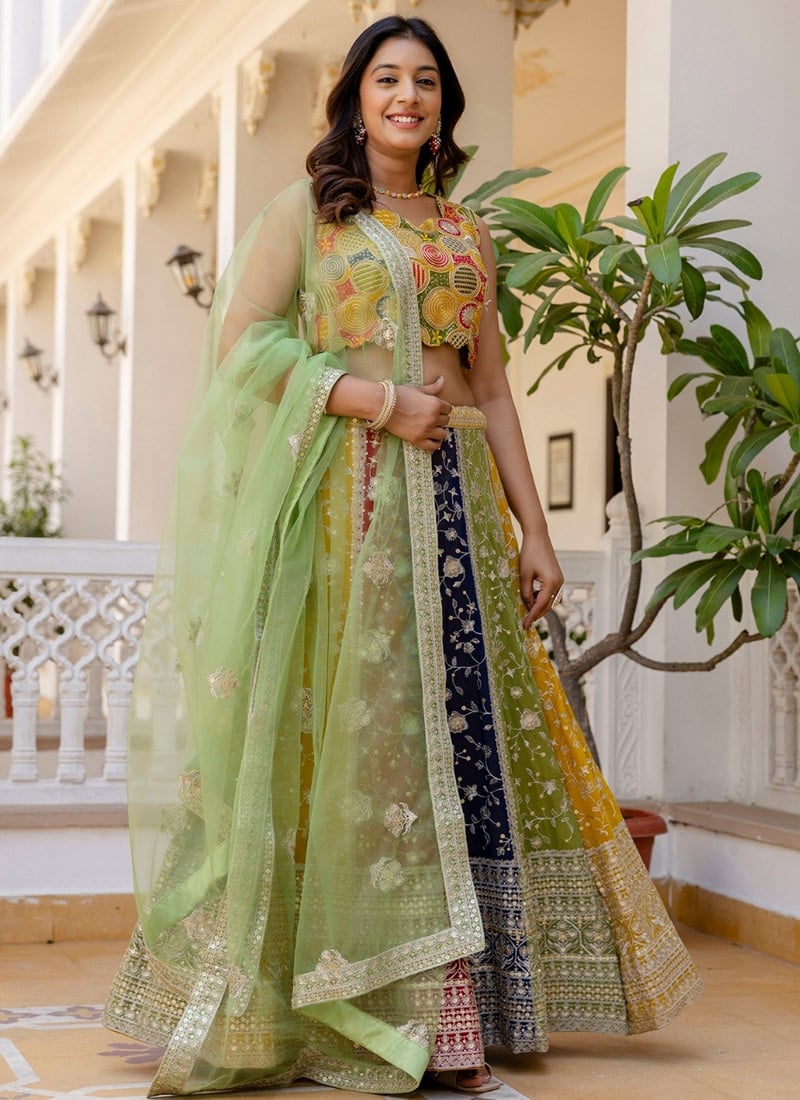 Multicolored Faux Georgette Embroidered Sequins Lehenga Festive Wear