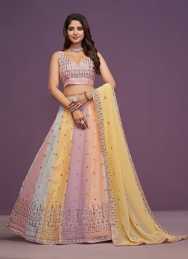 Multicolored Faux Georgette Gota Embroidered Sequins Exquisite Lehenga Wedding Wear-GHSHEJH150