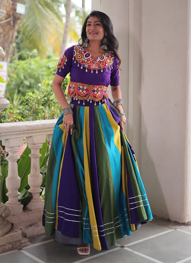 Multicolored Faux Georgette Mirror Work And Gota Indowestern Skirt Set Festive Wear