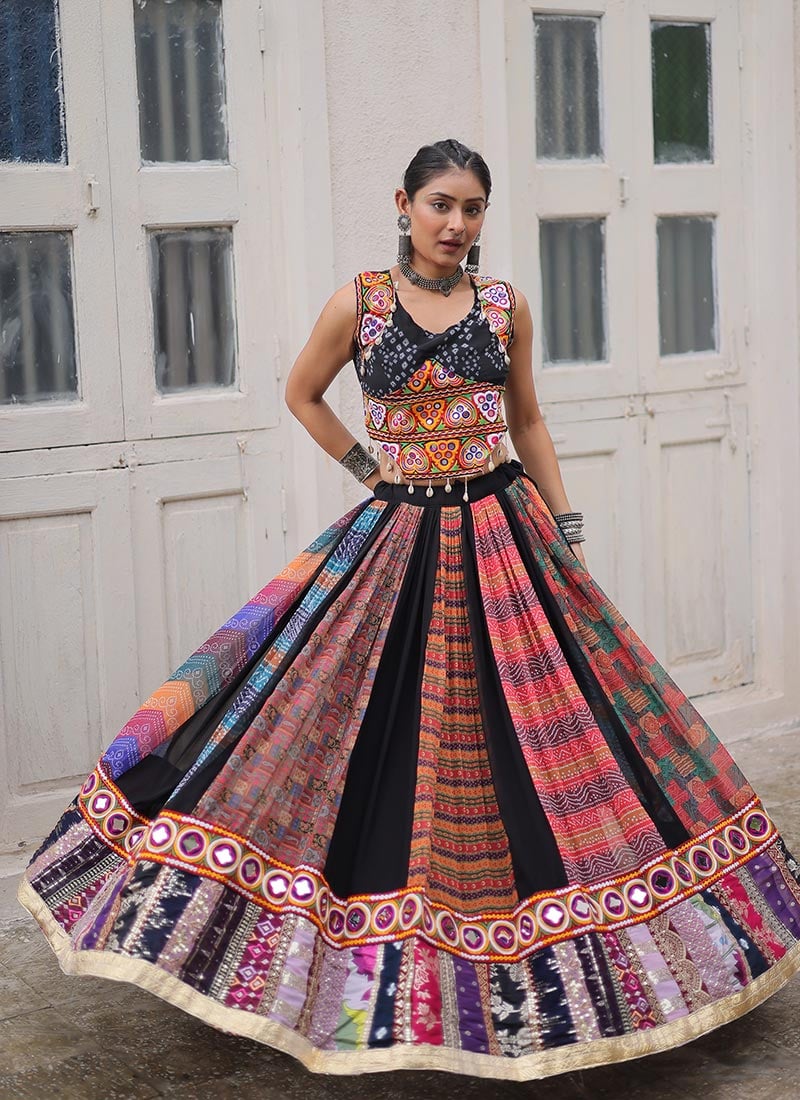 Multicolored Faux Georgette Mirror Work And Printed Indowestern Skirt Set Festive Wear