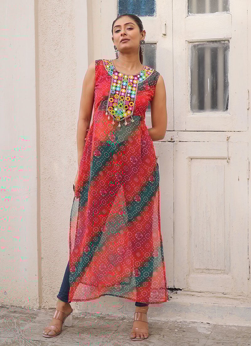 Multicolored Faux Georgette Mirror Work Indowestern Tops After Six Wear
