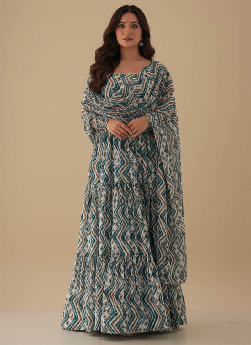 Multicolored Faux Georgette Printed Anarkali Suit After Six Wear